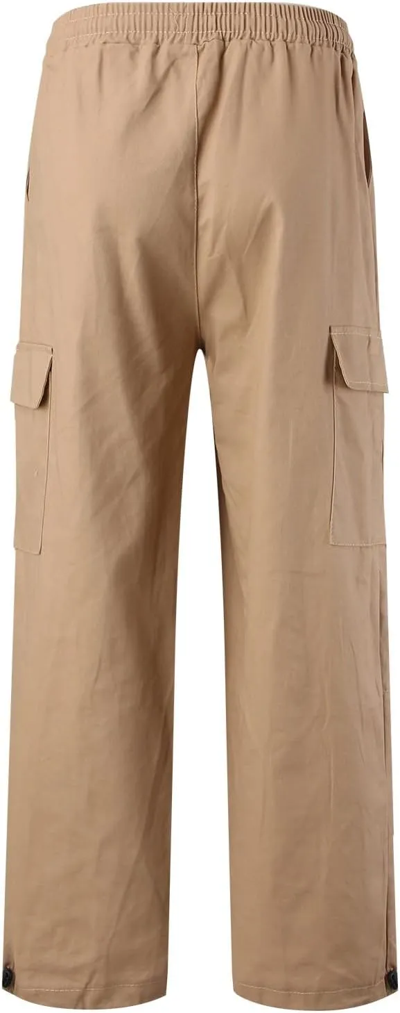 Hiking Pants Male Solid Color Multi Pocket Trousers Tether Athletic Loose Cargo Pants