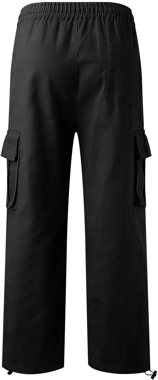Hiking Pants Male Solid Color Multi Pocket Trousers Tether Athletic Loose Cargo Pants