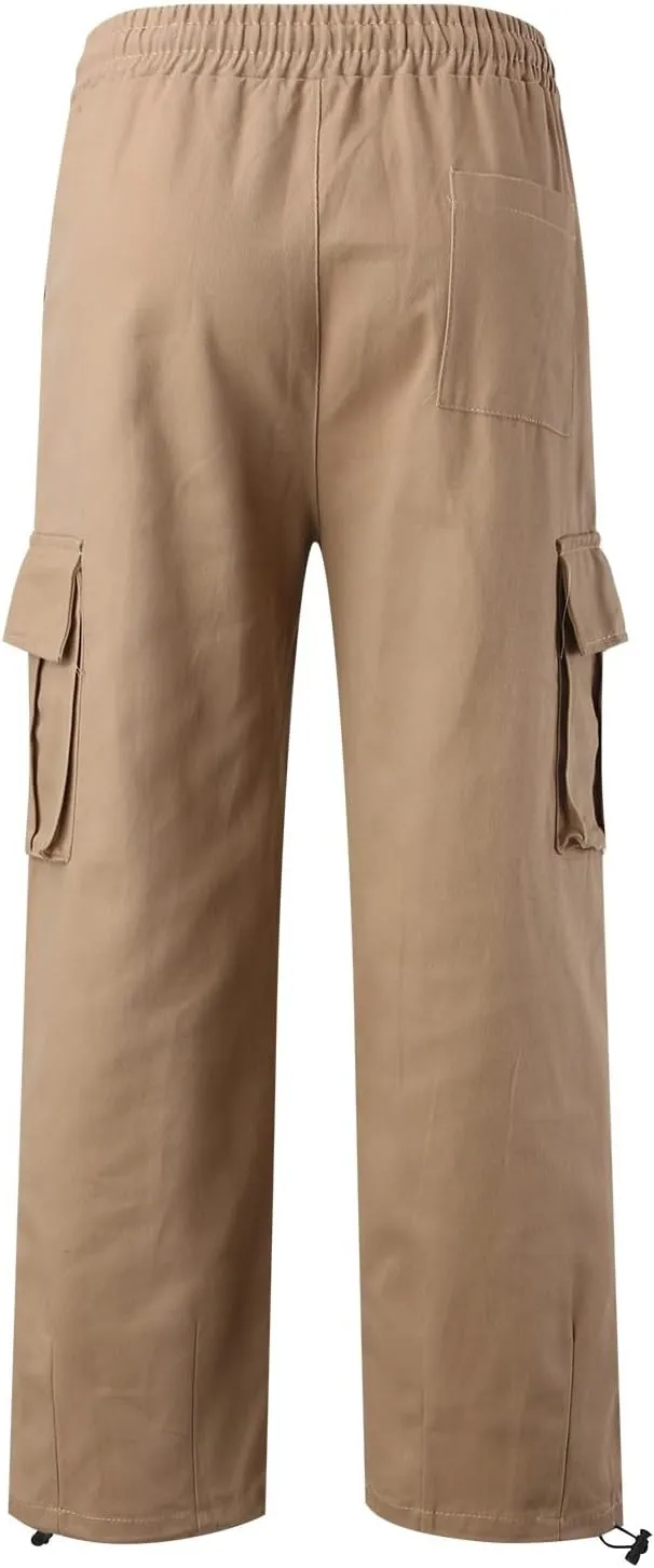 Hiking Pants Male Solid Color Multi Pocket Trousers Tether Athletic Loose Cargo Pants