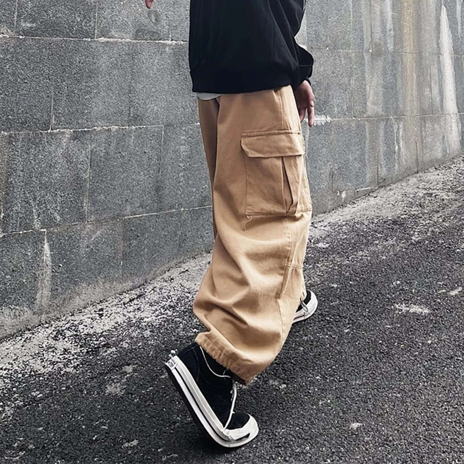 Hiking Pants Male Solid Color Multi Pocket Trousers Tether Athletic Loose Cargo Pants