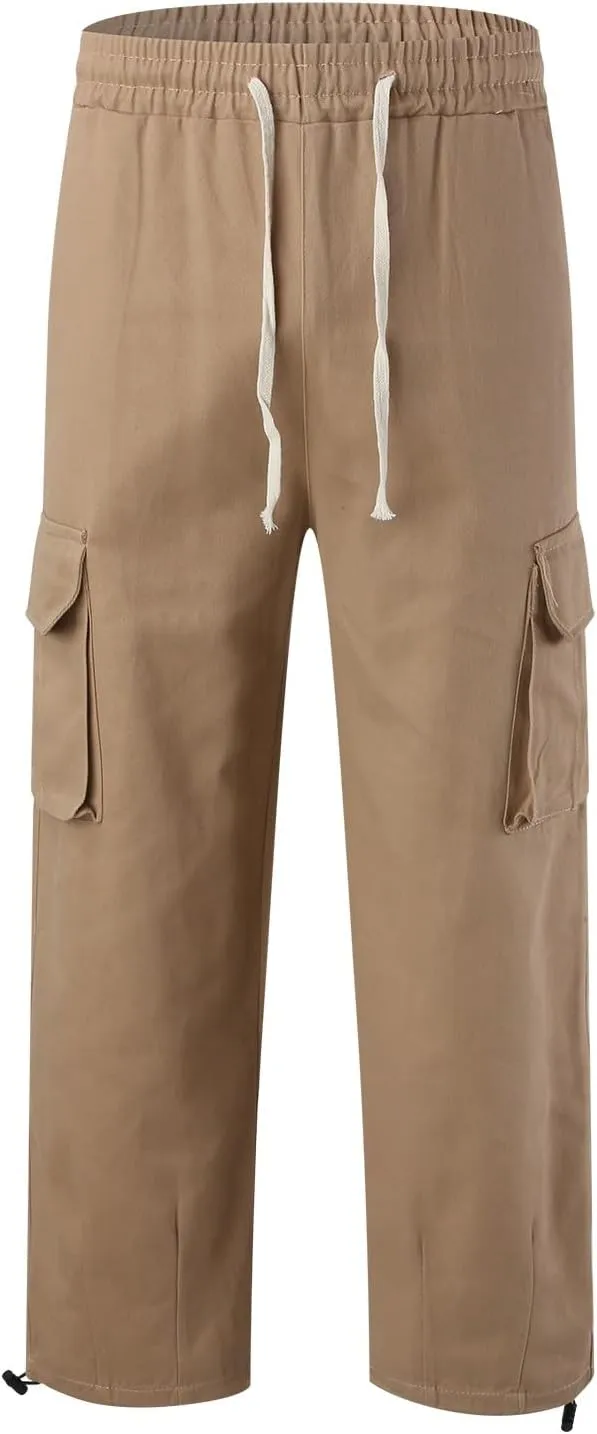 Hiking Pants Male Solid Color Multi Pocket Trousers Tether Athletic Loose Cargo Pants