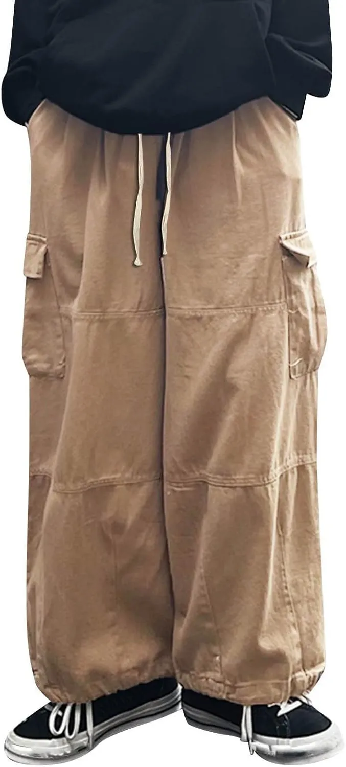 Hiking Pants Male Solid Color Multi Pocket Trousers Tether Athletic Loose Cargo Pants