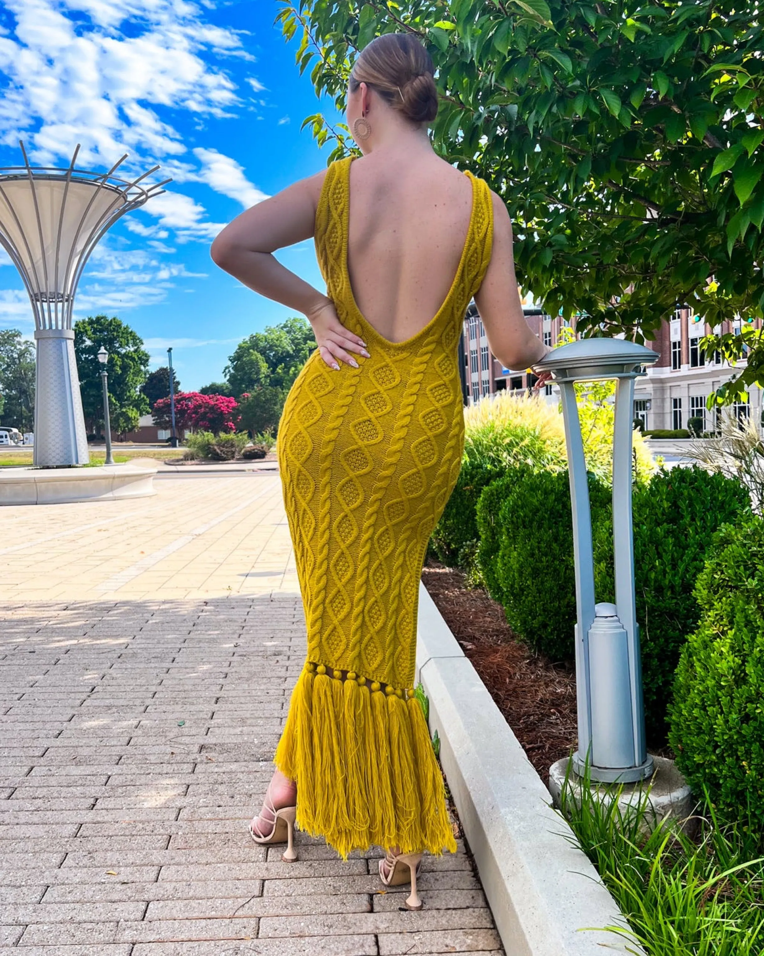 Ida Fringe Knit Dress Mustard