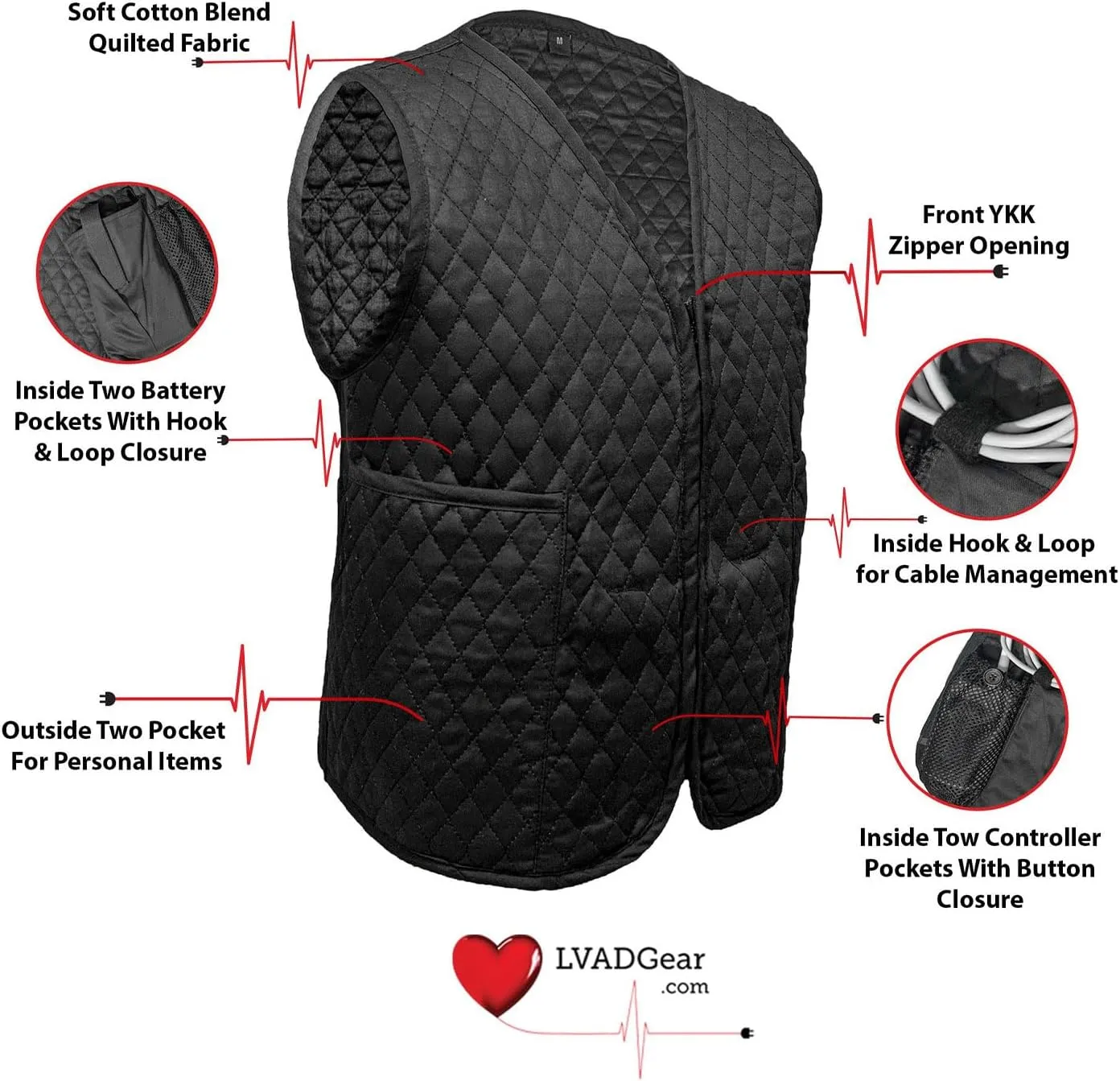 Ladies Quilted Vest Made for LVADs - Black