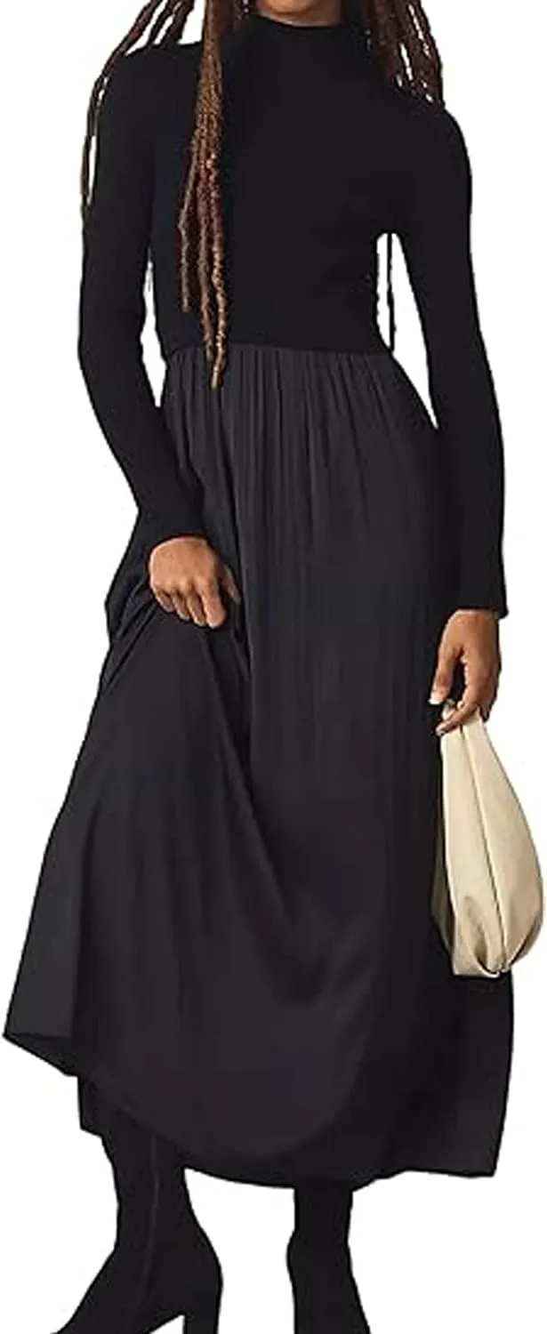 Lauweion Women's Turtleneck Sweater Maxi Dress Long Sleeve Slim Fit Ribbed Knit Pullover Jumper Top Flowy Long Dresses