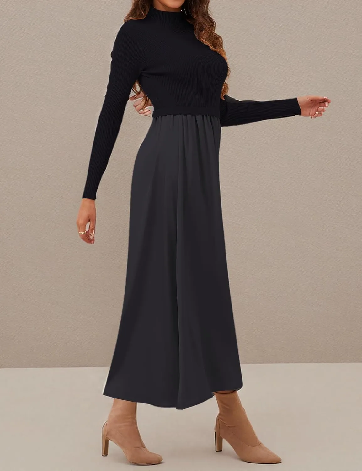 Lauweion Women's Turtleneck Sweater Maxi Dress Long Sleeve Slim Fit Ribbed Knit Pullover Jumper Top Flowy Long Dresses