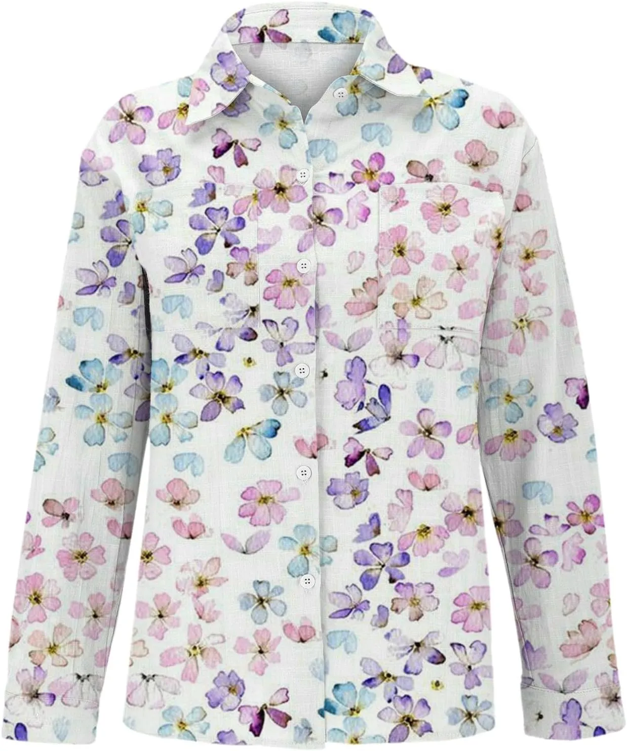 Linen Button Down Shirts for Women Floral Striped Vintage Boho Tops Dressy Casual Fit Long Sleeve Blouse with Pocket