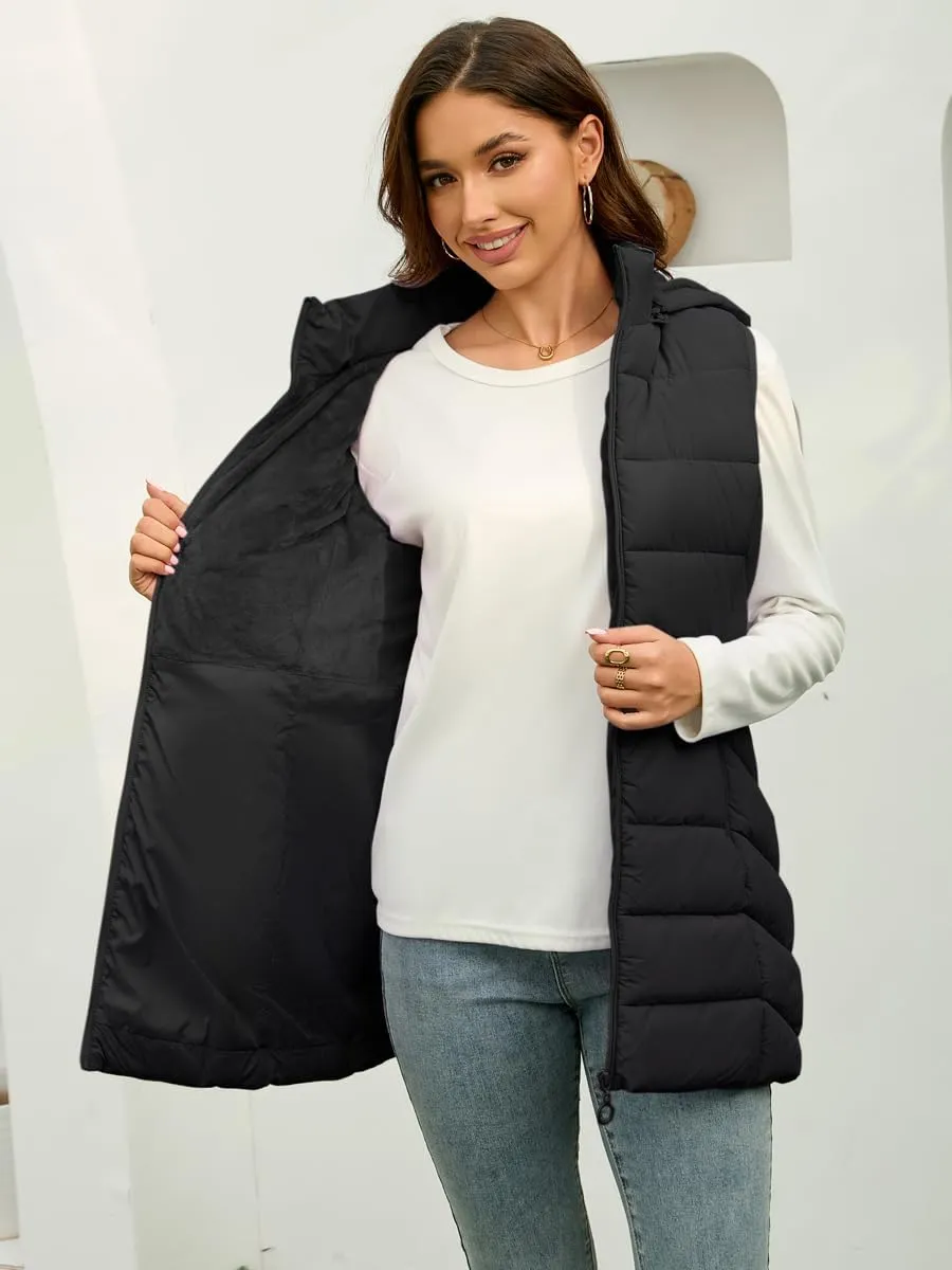 Long Puffer Vest for Women with Hood Thickened Packable Sleeveless Lined Down Vest for Fall & Winter