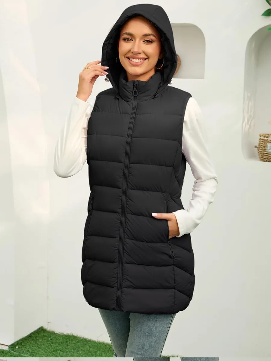 Long Puffer Vest for Women with Hood Thickened Packable Sleeveless Lined Down Vest for Fall & Winter