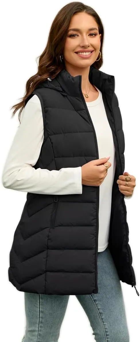 Long Puffer Vest for Women with Hood Thickened Packable Sleeveless Lined Down Vest for Fall & Winter