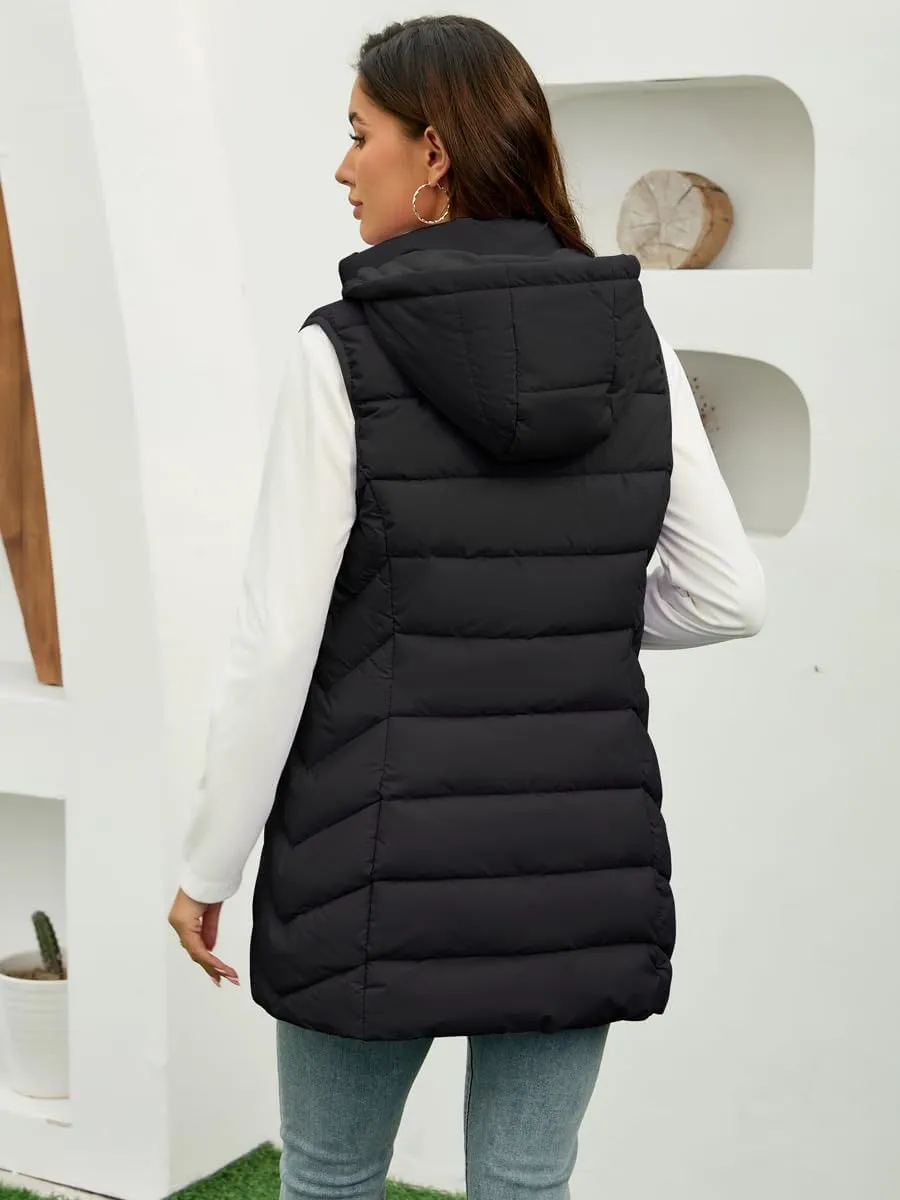 Long Puffer Vest for Women with Hood Thickened Packable Sleeveless Lined Down Vest for Fall & Winter