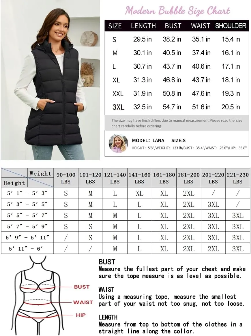Long Puffer Vest for Women with Hood Thickened Packable Sleeveless Lined Down Vest for Fall & Winter