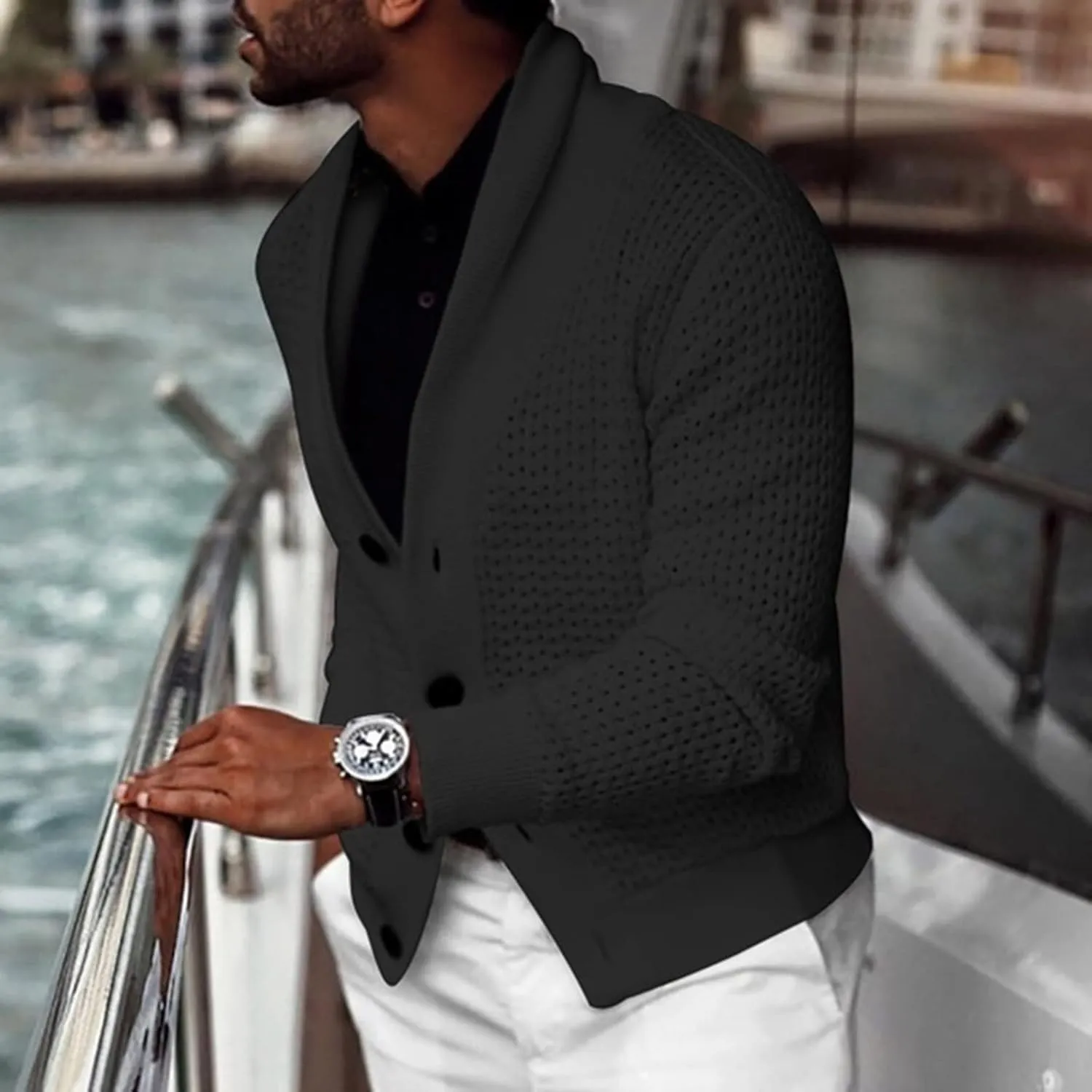 Men Shawl Collar Cardigan Sweater Button Down Cable Knitted Sweater Long Sleeve Jumper Slim Fit Knitwear Casual Jacket