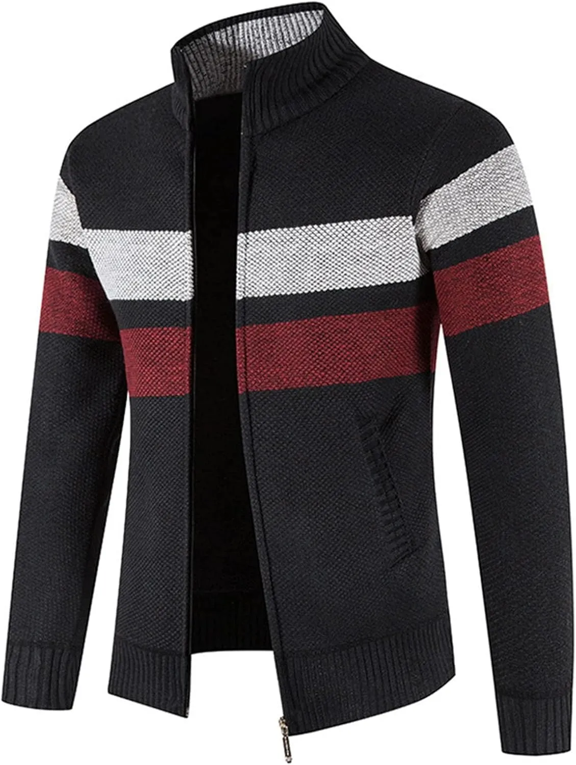 Mens Striped Print Full Zip Cardigans Plus Classic Band Collar Color Block Stripe Cable Knit Cardigan Coats