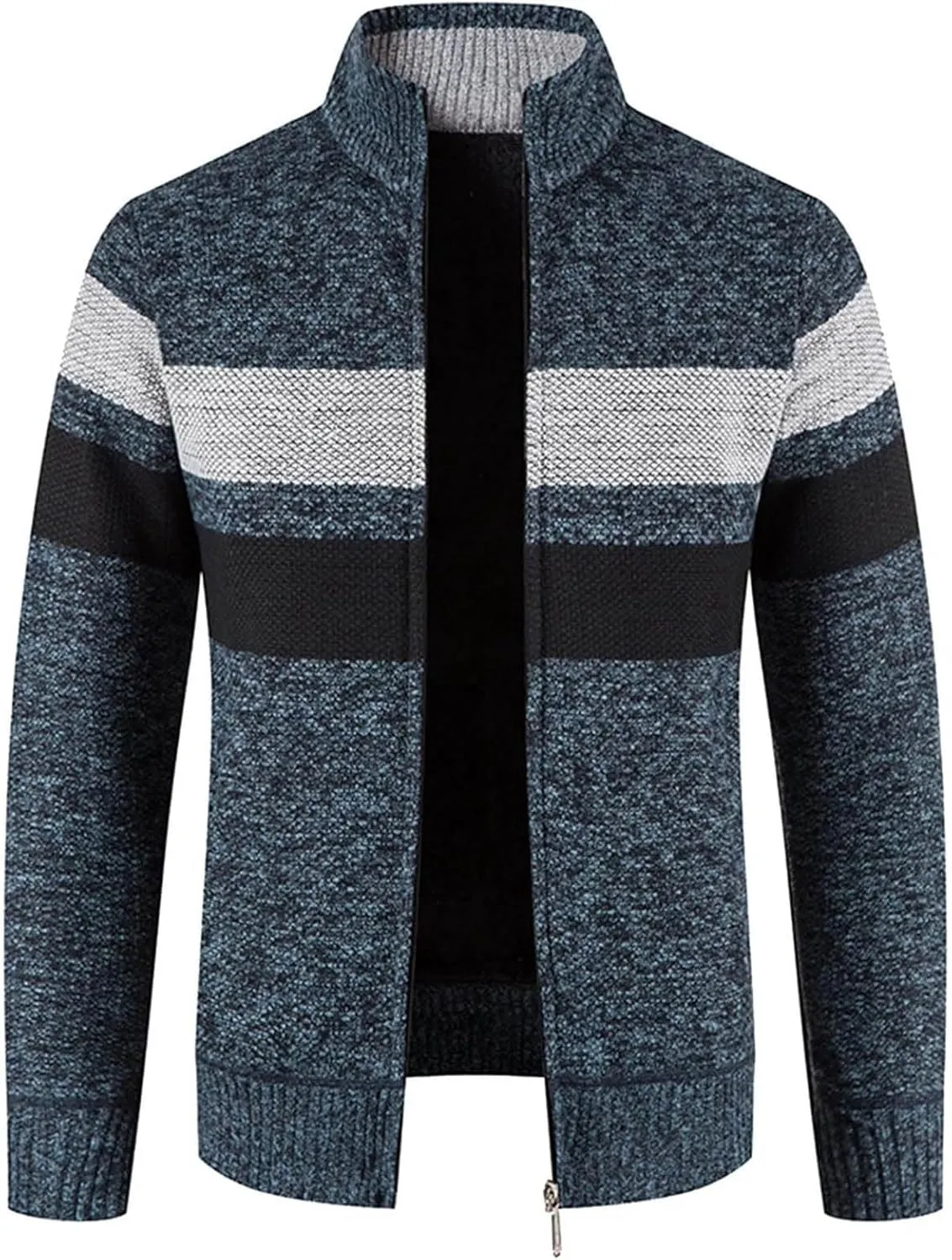 Mens Striped Print Full Zip Cardigans Plus Classic Band Collar Color Block Stripe Cable Knit Cardigan Coats