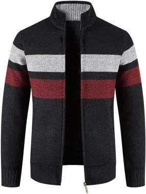 Mens Striped Print Full Zip Cardigans Plus Classic Band Collar Color Block Stripe Cable Knit Cardigan Coats
