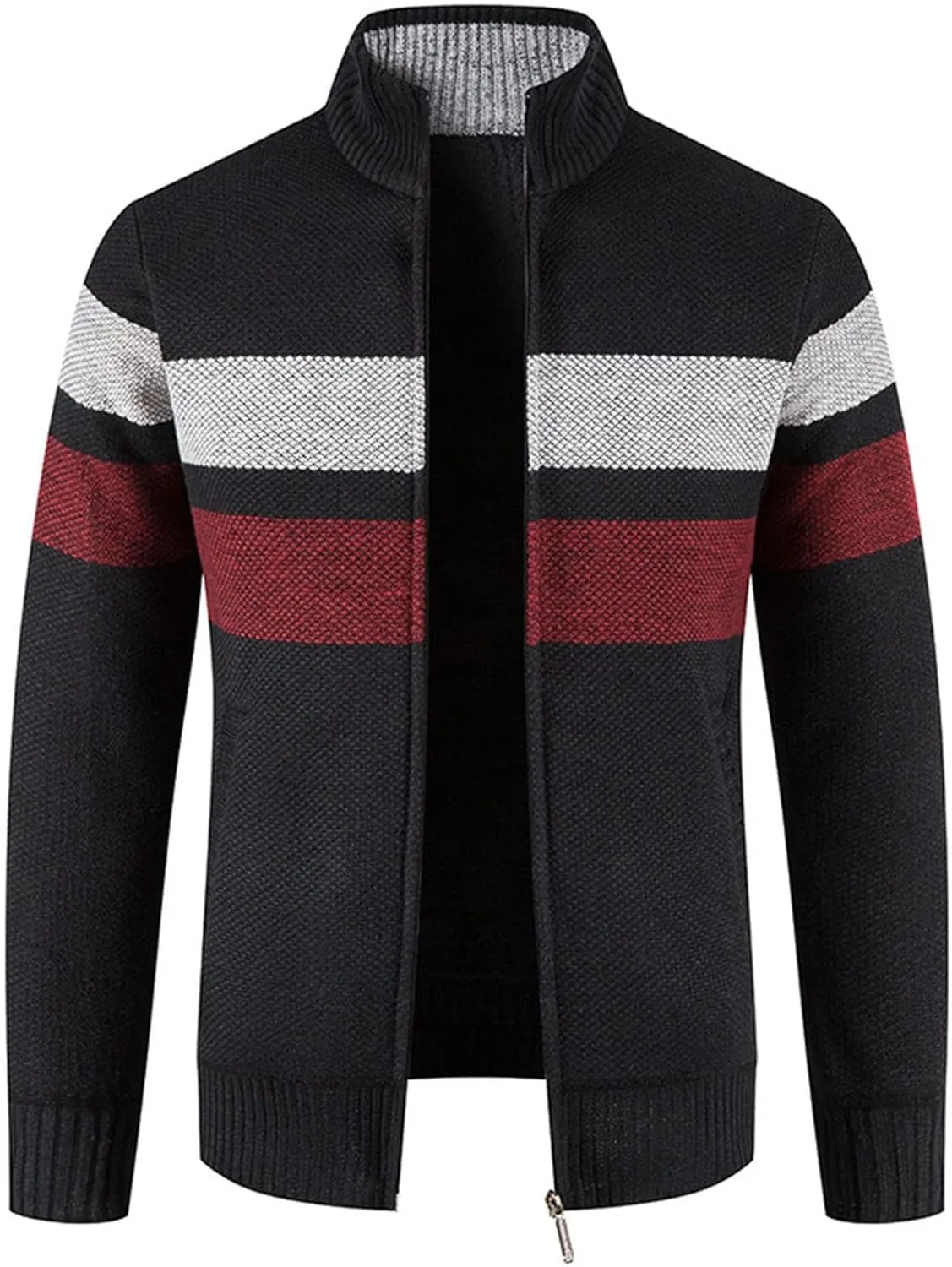 Mens Striped Print Full Zip Cardigans Plus Classic Band Collar Color Block Stripe Cable Knit Cardigan Coats