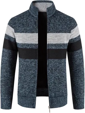 Mens Striped Print Full Zip Cardigans Plus Classic Band Collar Color Block Stripe Cable Knit Cardigan Coats