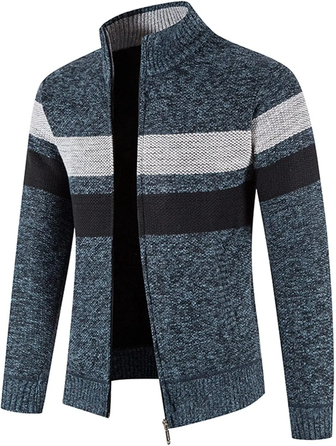 Mens Striped Print Full Zip Cardigans Plus Classic Band Collar Color Block Stripe Cable Knit Cardigan Coats