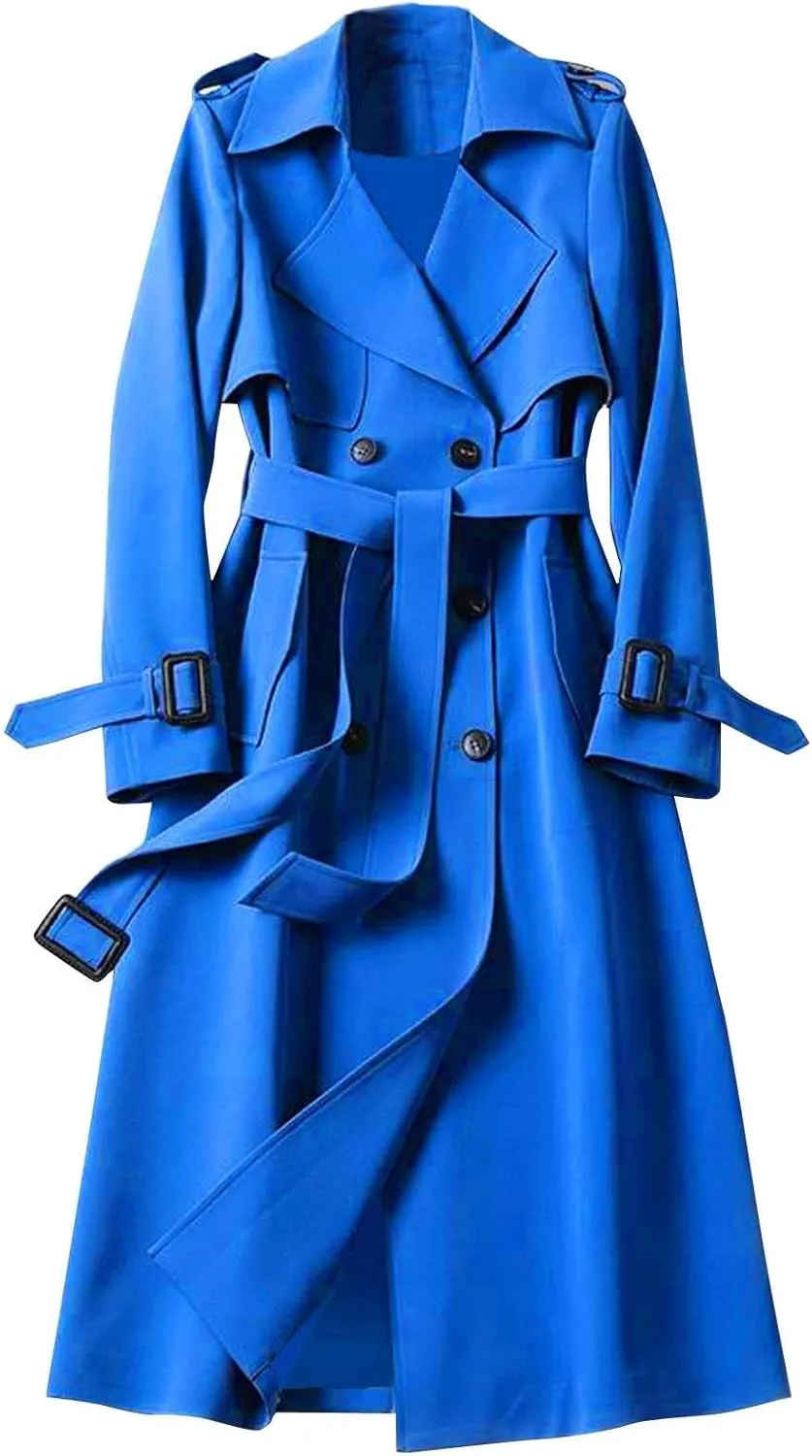Miyaomn Fall Fashion Long Trench Coats for Women Dressy Office Double-Breasted Notch Lapel Jacket Classic Outerwear with Belt
