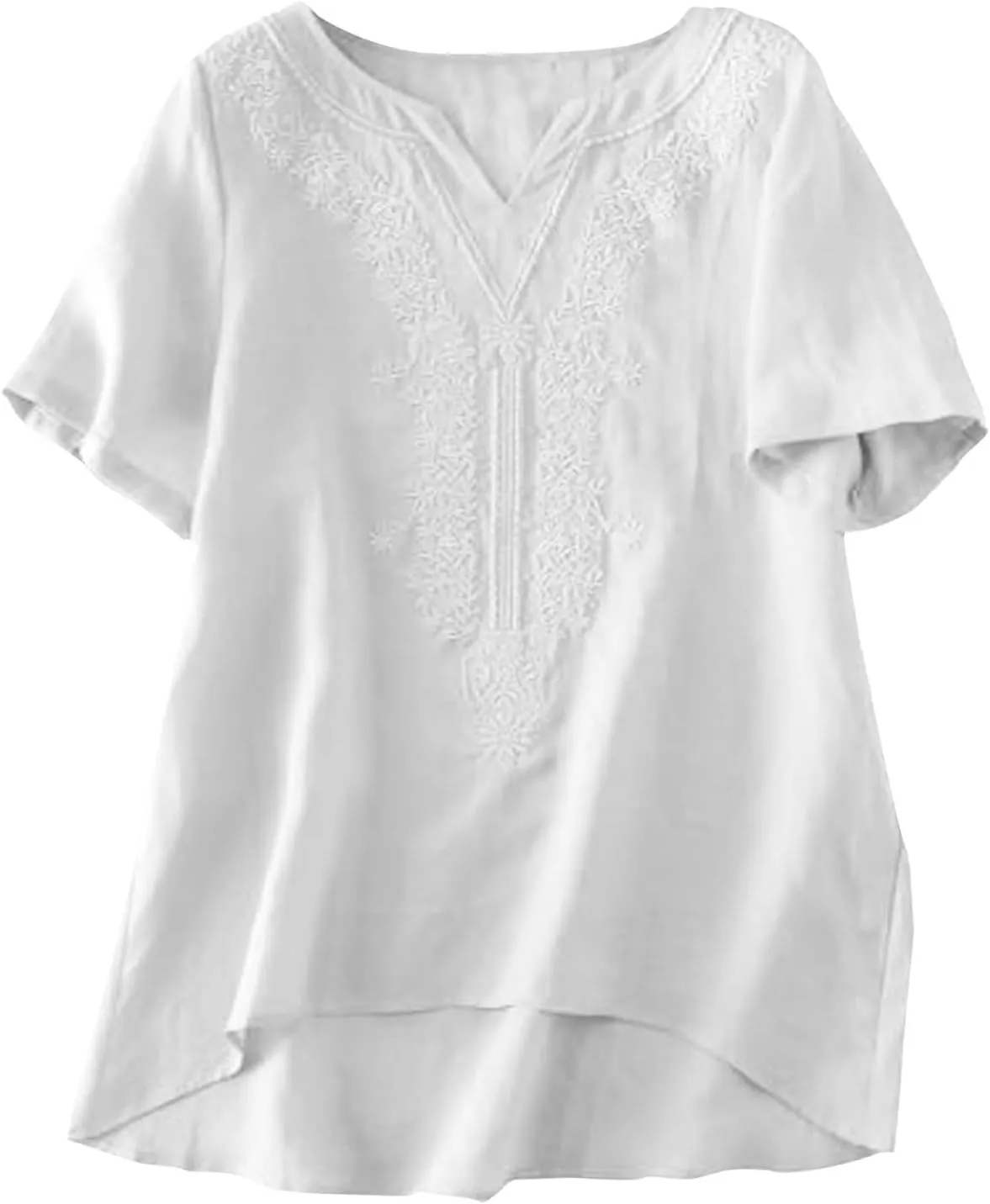 Miyaomn Summer Boho Linen Shirts for Women Floral Embroiderd Loose Flowy Tops Dressy Casual V Neck Short Sleeve Tunic Blouses