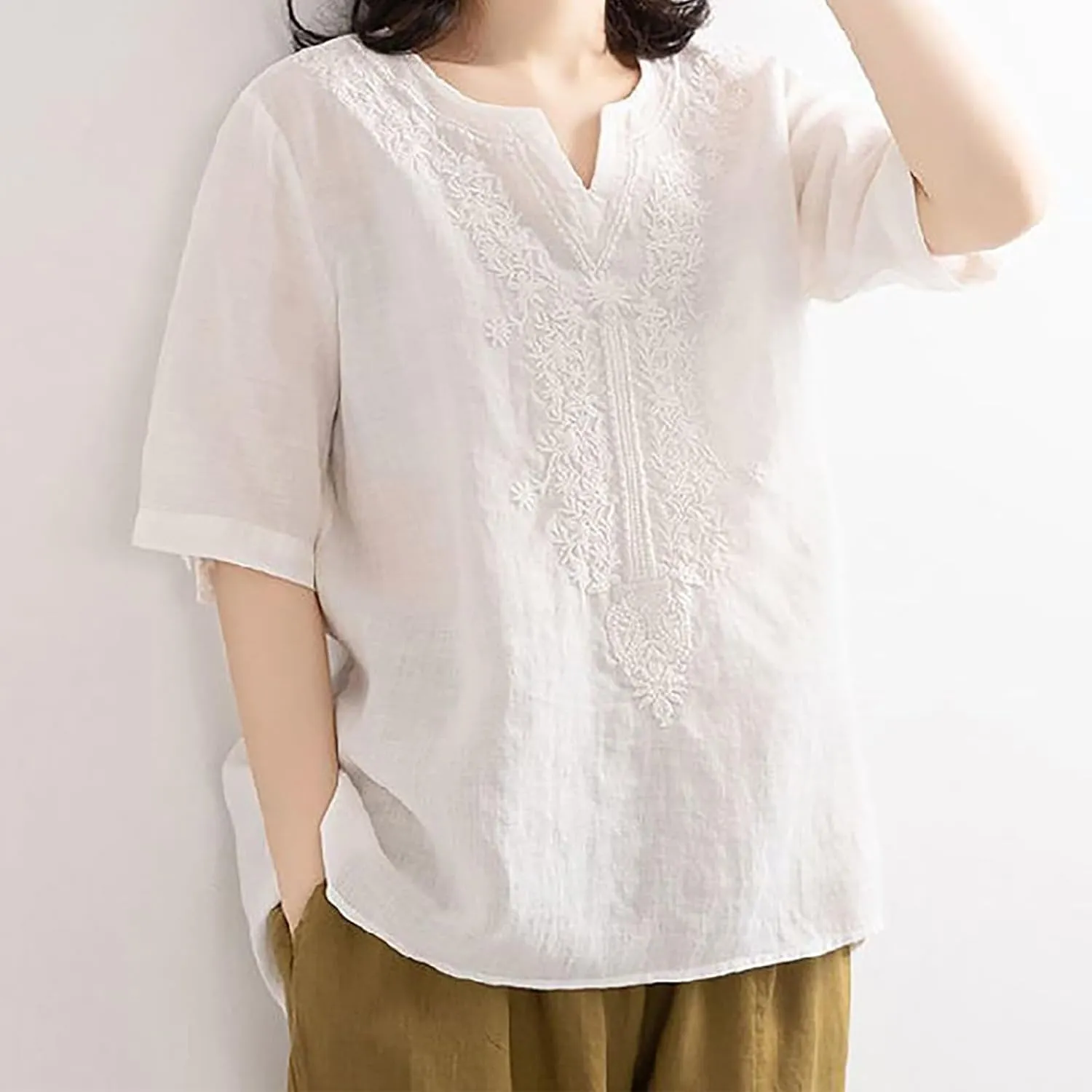 Miyaomn Summer Boho Linen Shirts for Women Floral Embroiderd Loose Flowy Tops Dressy Casual V Neck Short Sleeve Tunic Blouses
