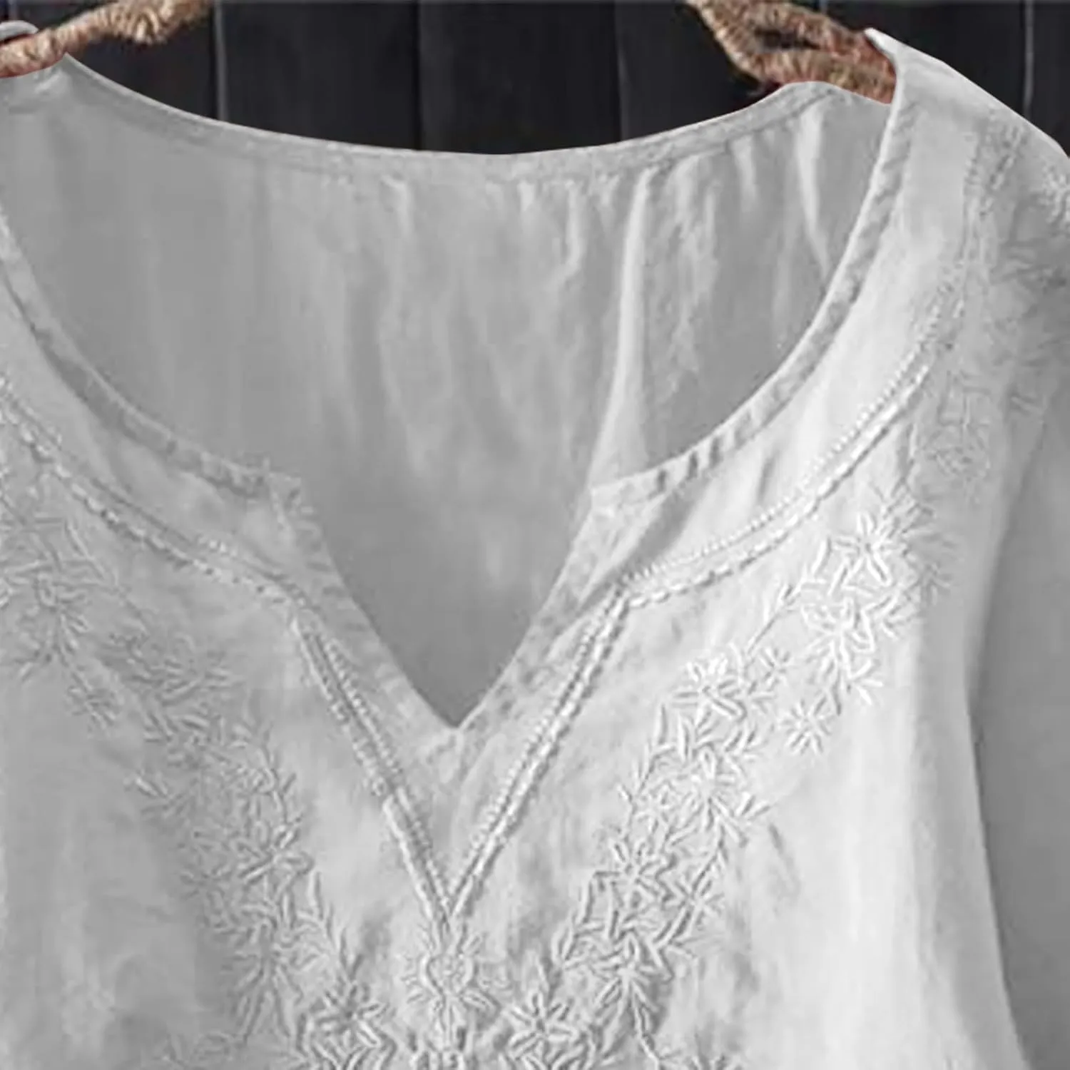 Miyaomn Summer Boho Linen Shirts for Women Floral Embroiderd Loose Flowy Tops Dressy Casual V Neck Short Sleeve Tunic Blouses