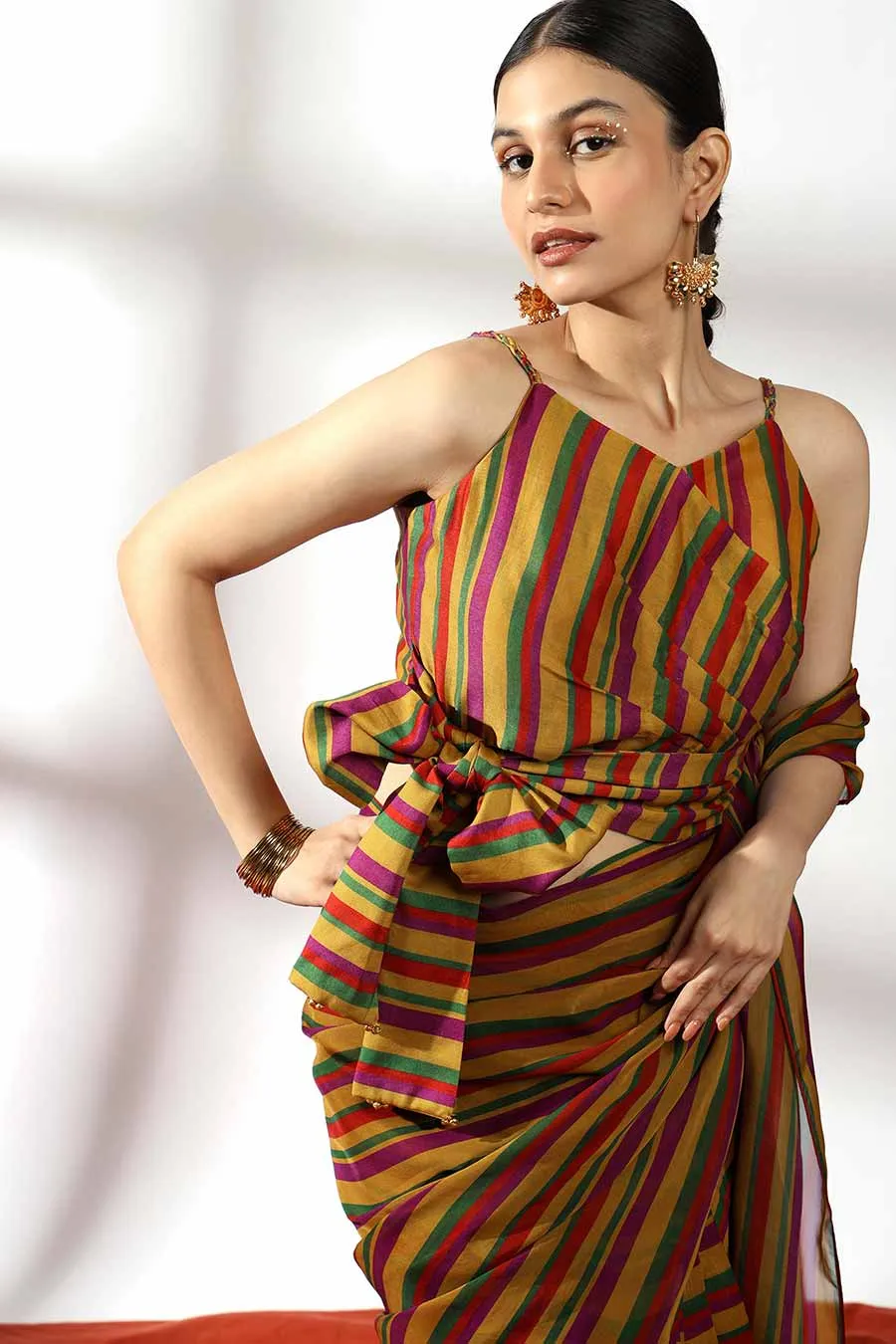 Multicolour Pre-Draped Saree & Wrap Blouse