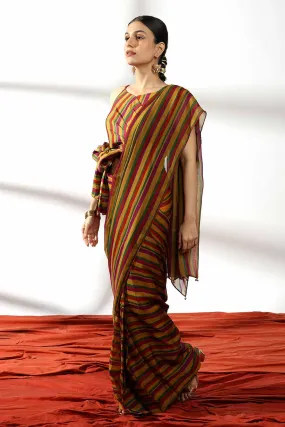 Multicolour Pre-Draped Saree & Wrap Blouse