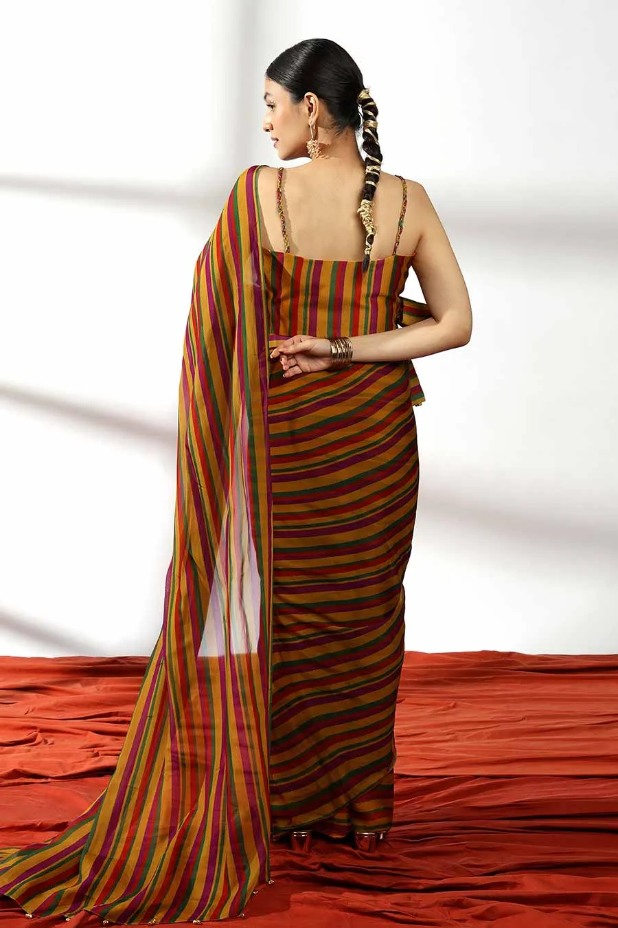 Multicolour Pre-Draped Saree & Wrap Blouse
