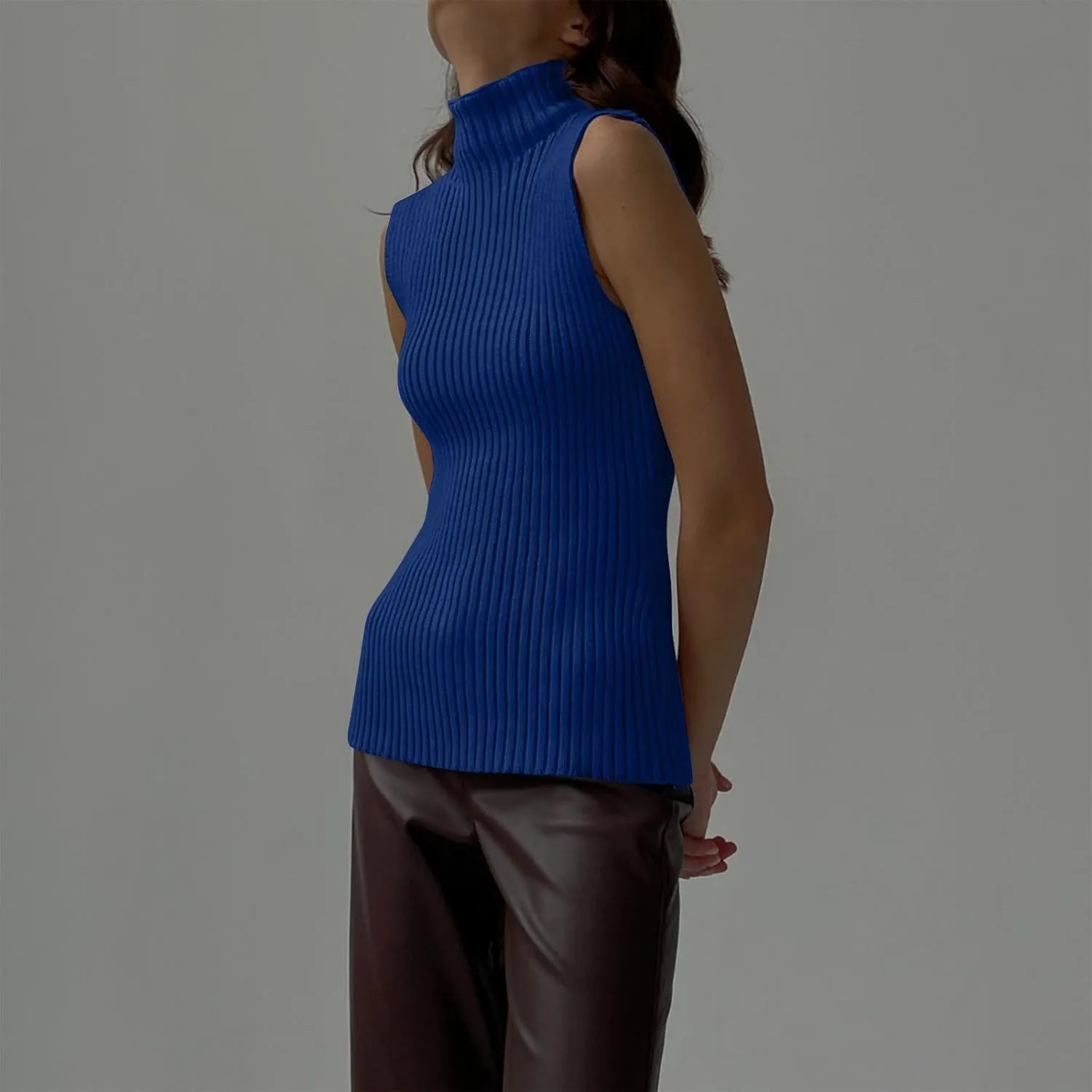 Ribbed Knit Tank Top for Women Turtleneck Sleeveless Sweater Blouse Solid Color Tunic Summer Trendy Shirt