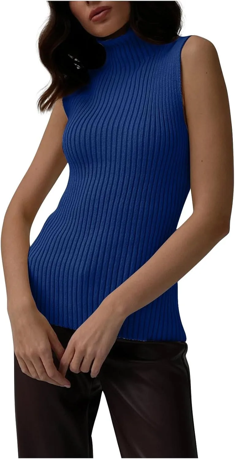 Ribbed Knit Tank Top for Women Turtleneck Sleeveless Sweater Blouse Solid Color Tunic Summer Trendy Shirt