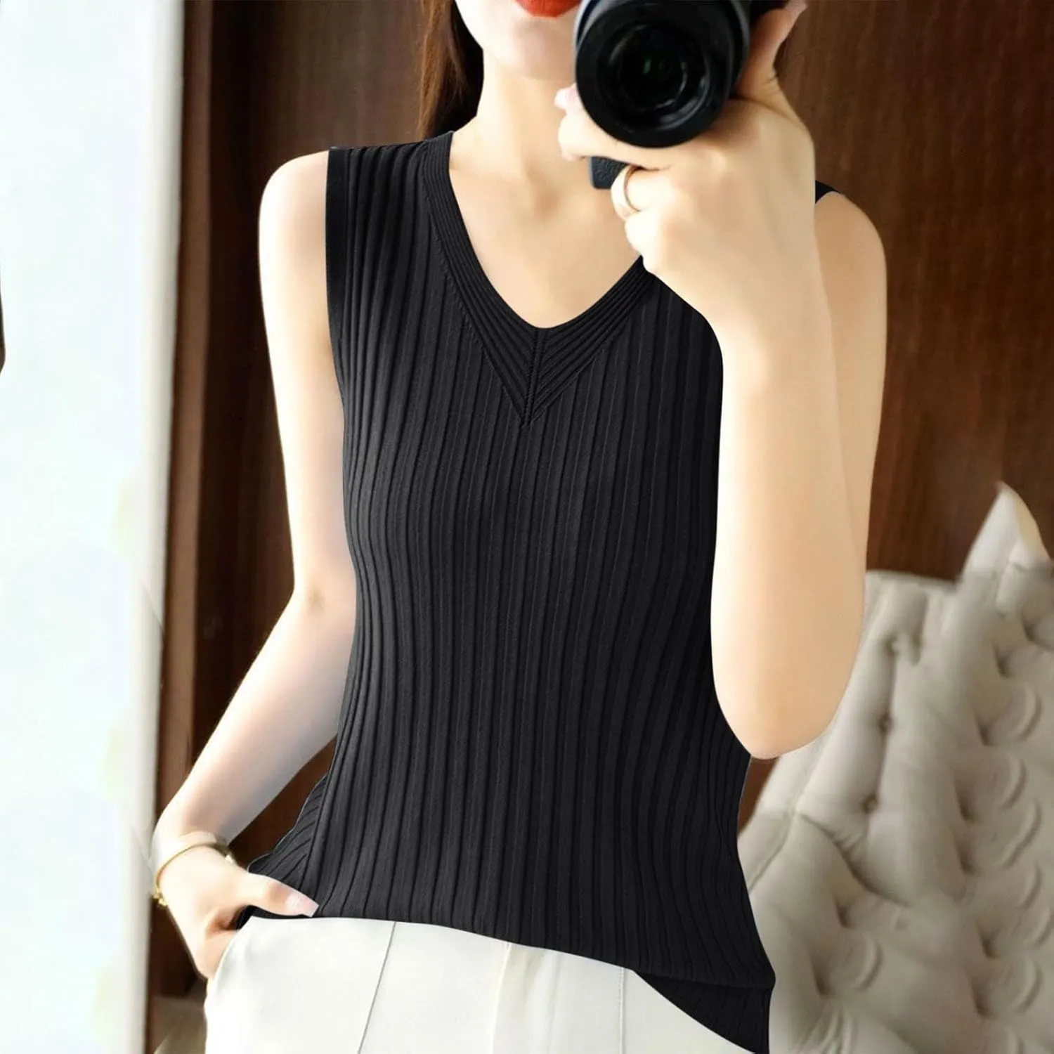 Ruziyoog Tank Top for Women Sleeveless Ribbed Knit V Neck Camisole Casual Loose Fit Summer Basic Sweater Vest