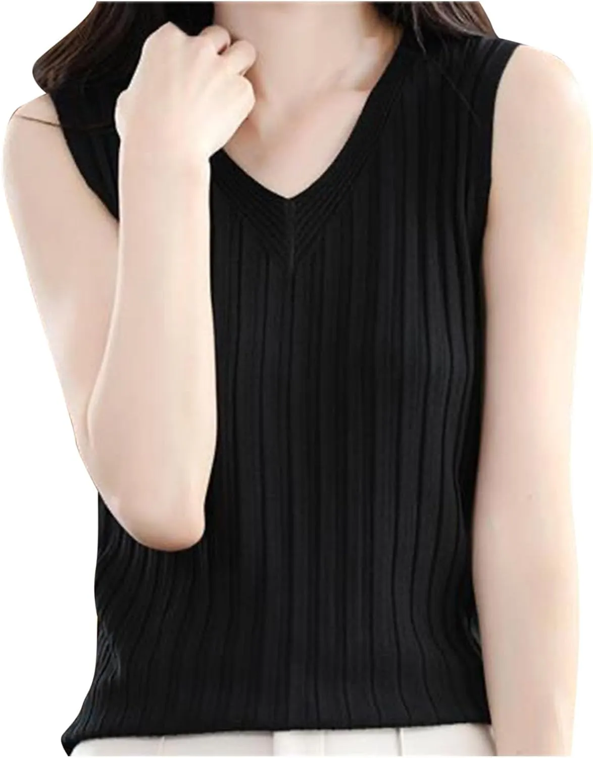 Ruziyoog Tank Top for Women Sleeveless Ribbed Knit V Neck Camisole Casual Loose Fit Summer Basic Sweater Vest