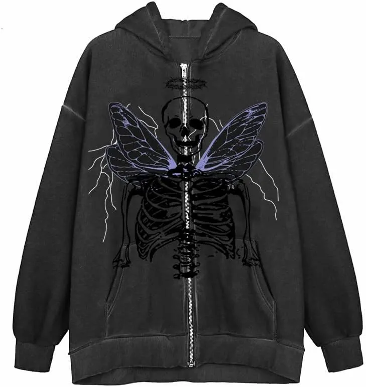 Sastianaen Women Zip up Hoodie Gothic Butterfly Long Sleeve Hoodie Oversized Hooded Jacket Fairy Grunge E Girl Streetwear