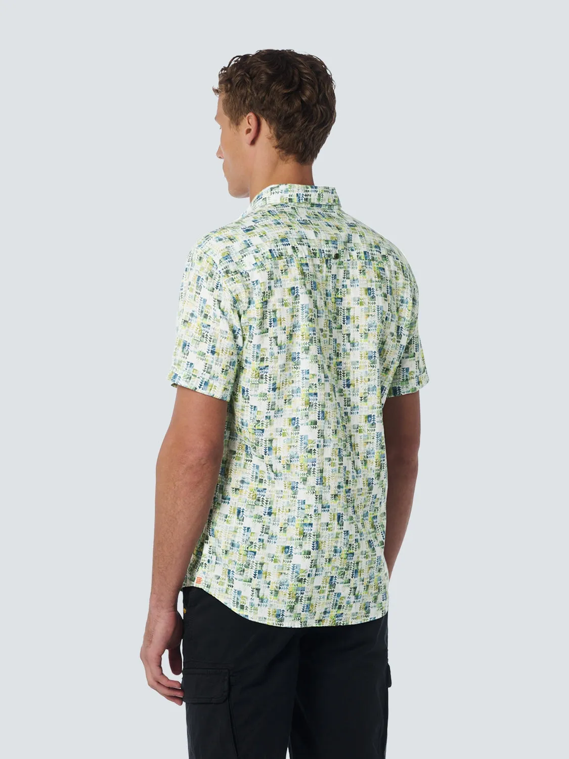 Shirt Short Sleeve Allover Printed With Linen | Aqua