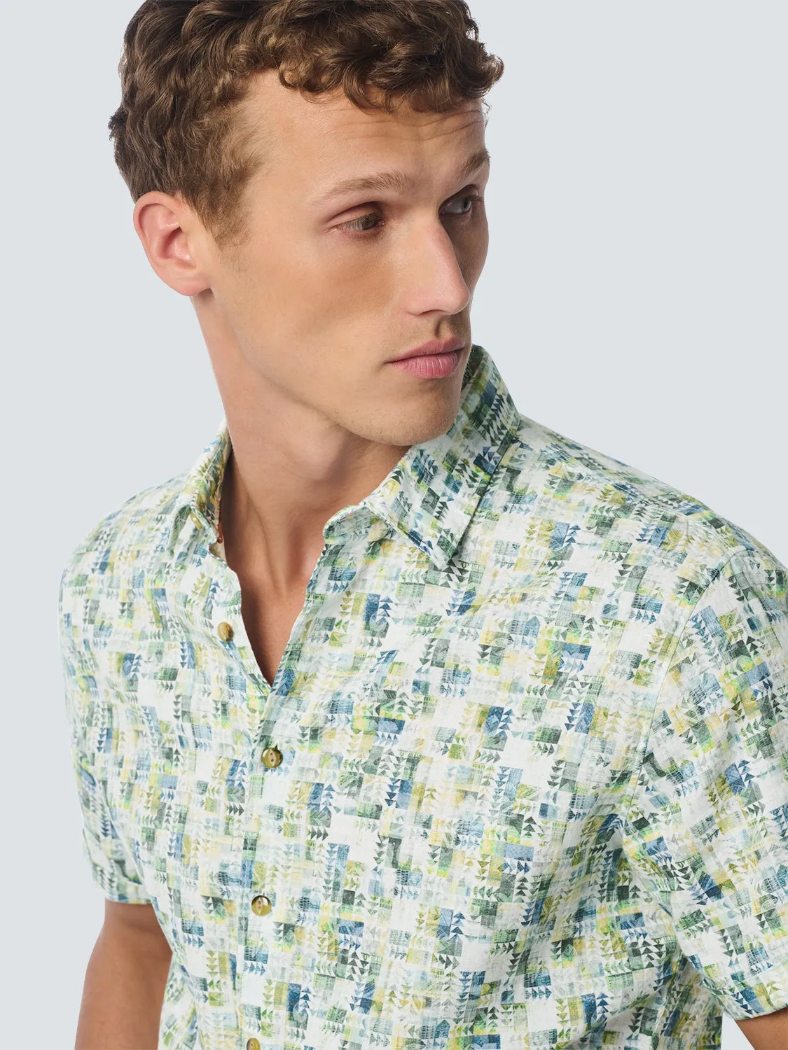Shirt Short Sleeve Allover Printed With Linen | Aqua