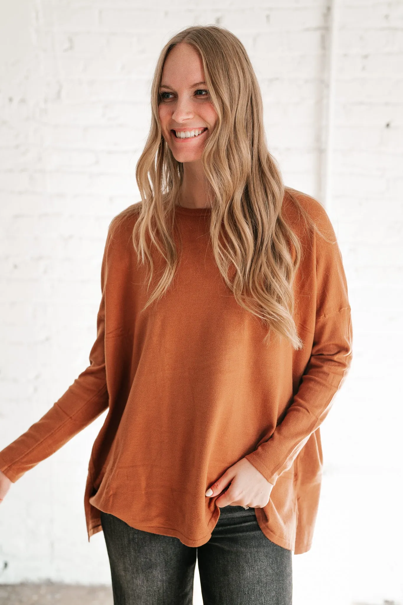 Stay Close Drop Shoulder Sweater - Rust