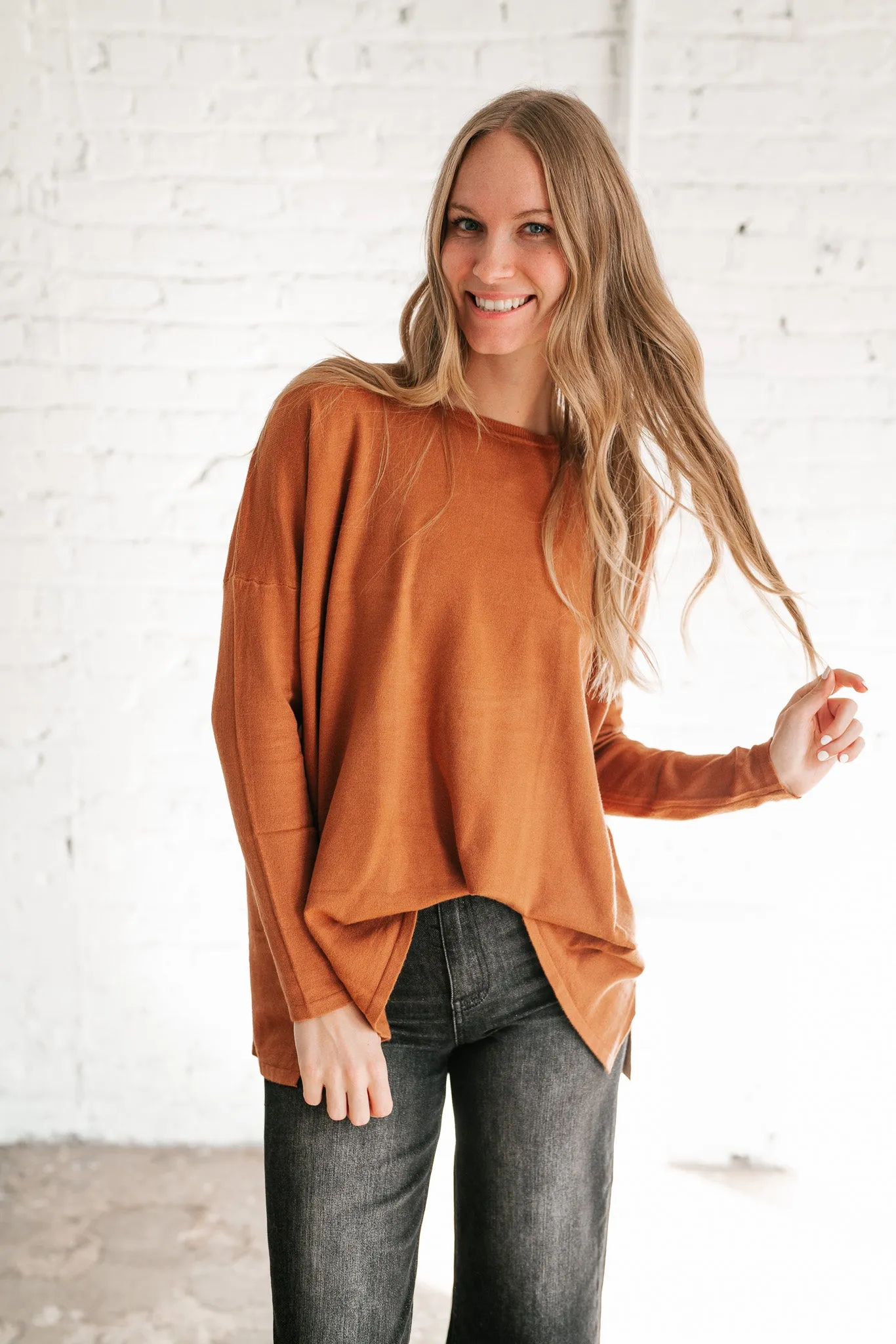 Stay Close Drop Shoulder Sweater - Rust