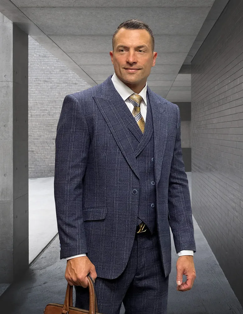 STEFANO 3 PC NAVY TWEED SELF PLAID MODERN FIT SUIT