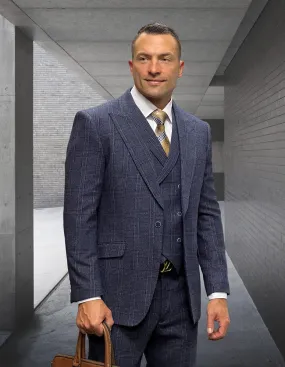 STEFANO 3 PC NAVY TWEED SELF PLAID MODERN FIT SUIT
