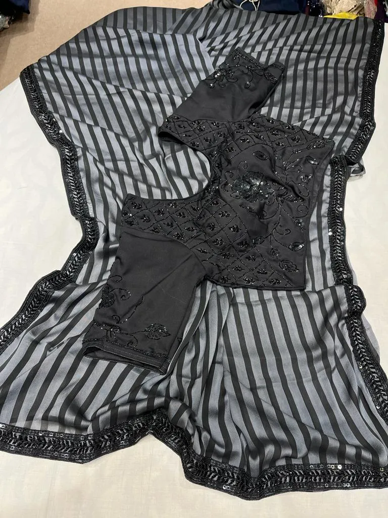 Striped sexy zardosi gorgette saree