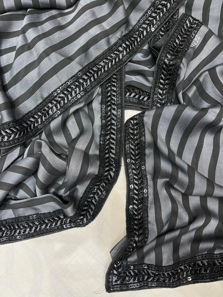 Striped sexy zardosi gorgette saree