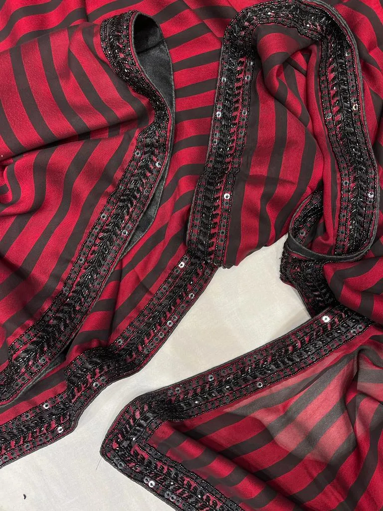 Striped sexy zardosi gorgette saree