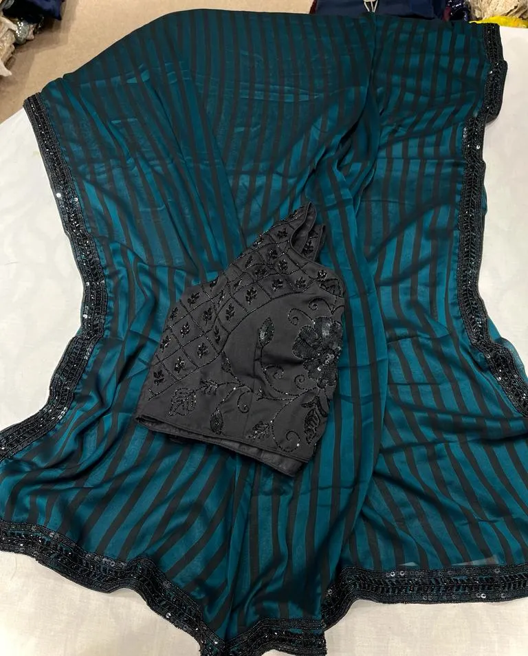 Striped sexy zardosi gorgette saree