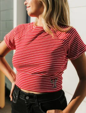 Texas Tech Double T " Marmalade" Striped Tie Back Crop Blouse