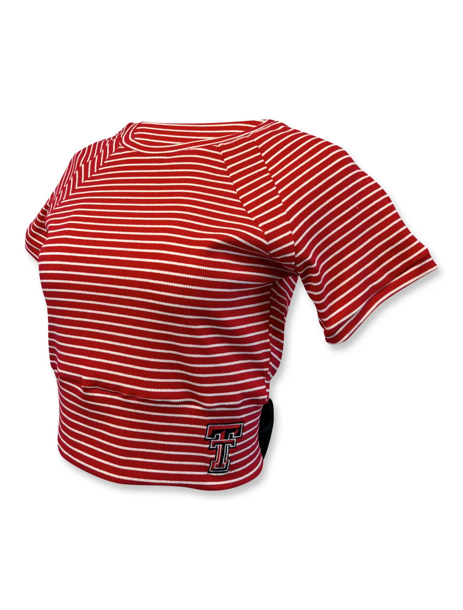 Texas Tech Double T " Marmalade" Striped Tie Back Crop Blouse