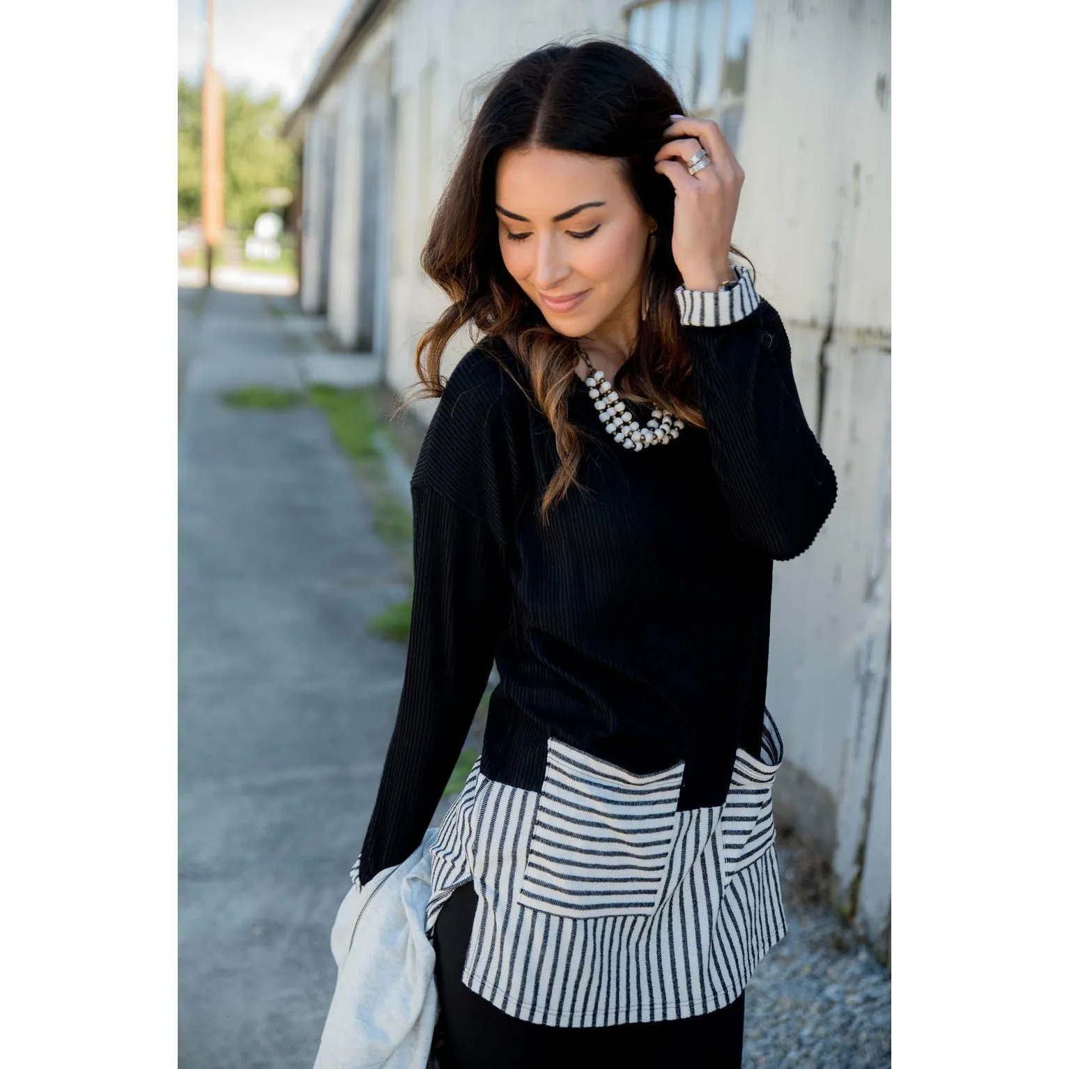 Texture Stripe Trimmed Blouse