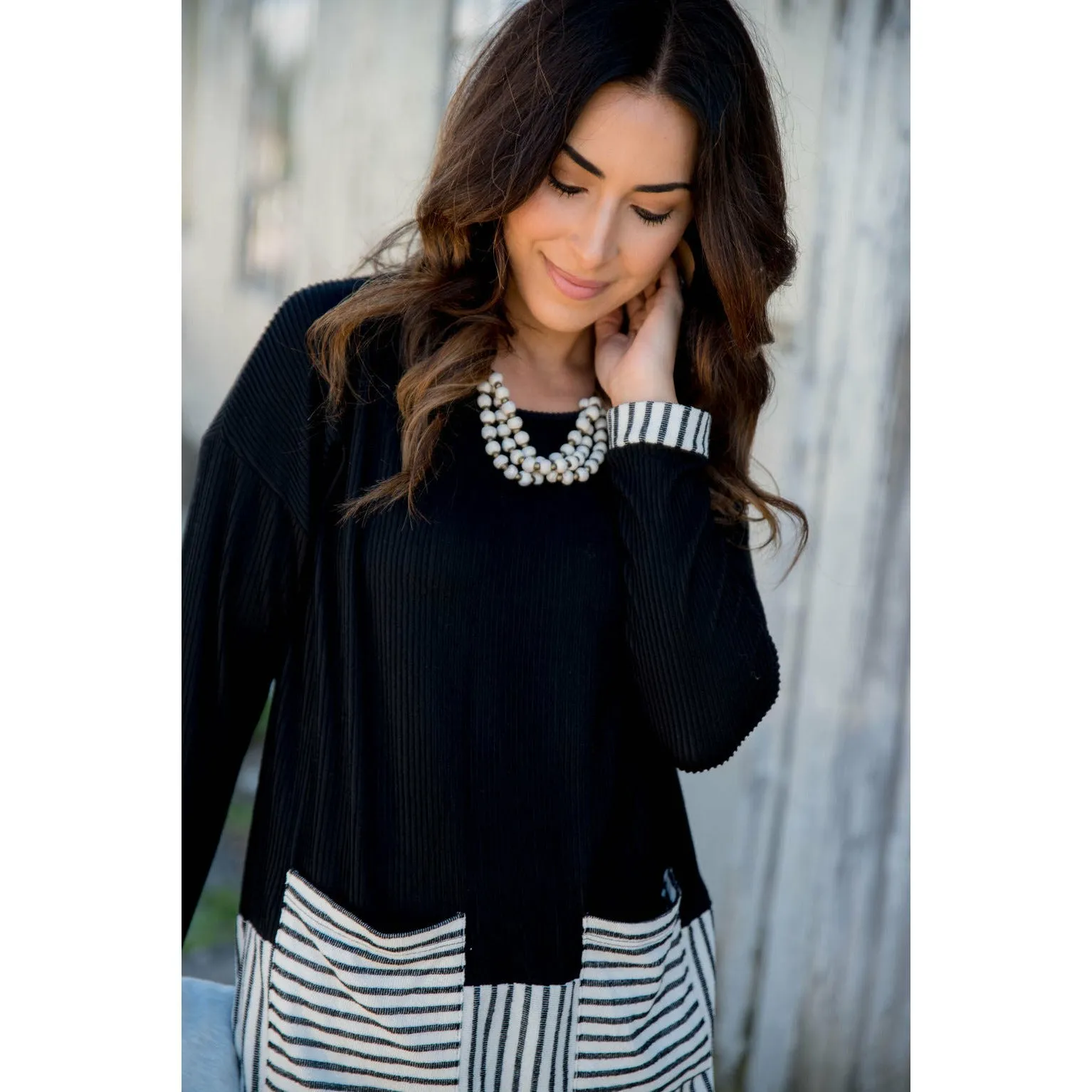 Texture Stripe Trimmed Blouse