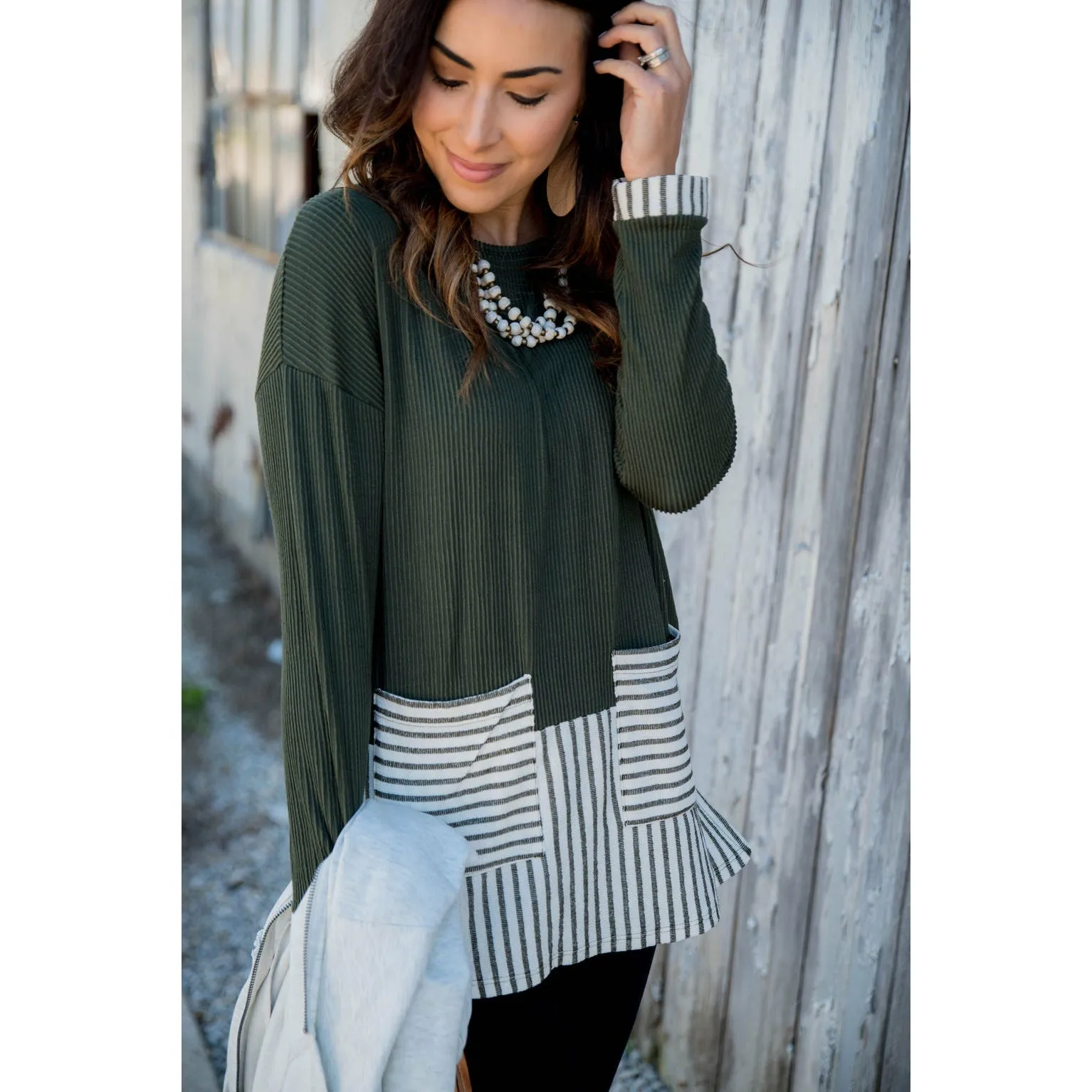 Texture Stripe Trimmed Blouse